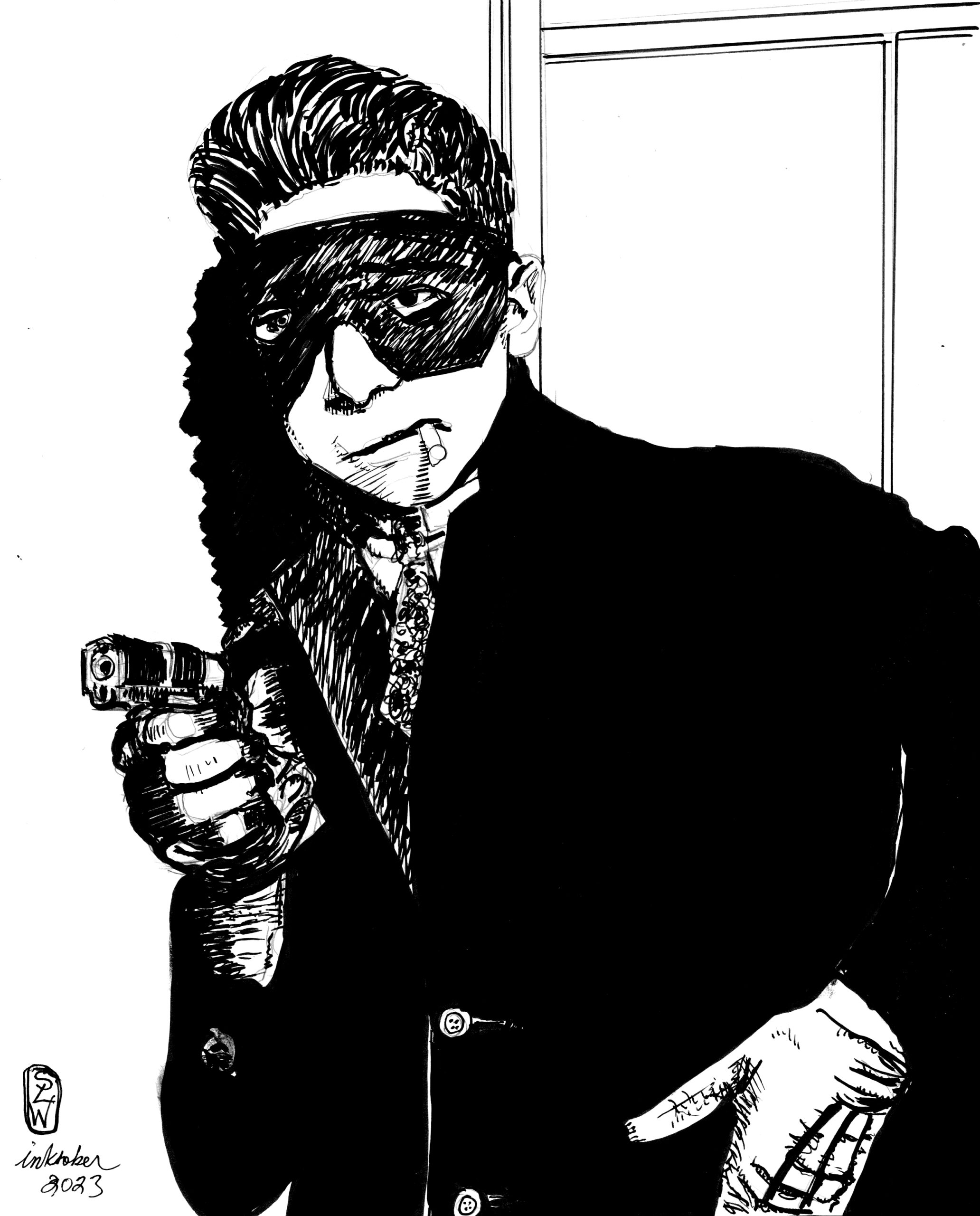 Inktober 2023 pen and ink drawing by Sara Light-Waller showing a masked man with a drawn gun. The title is, "Hood. 
