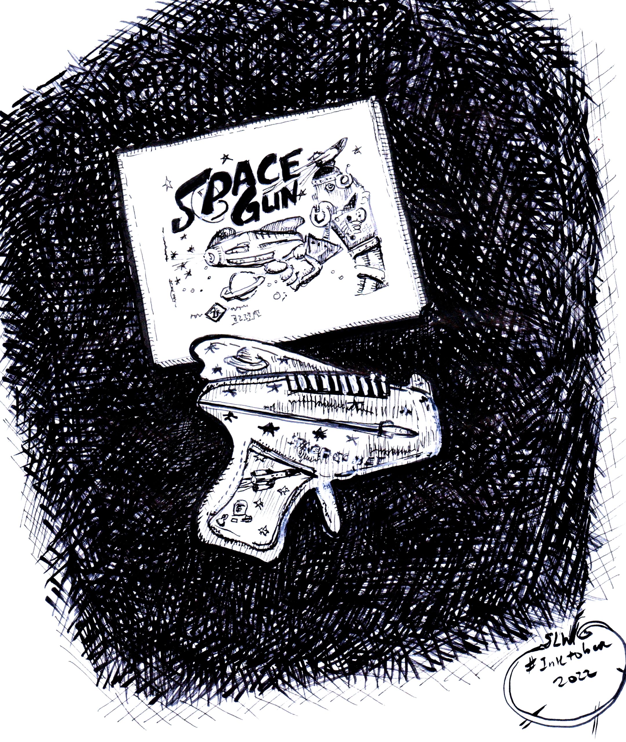 Inktober 2022 pen and ink drawing by Sara Light-Waller showing a display of Buck Rogers paraphernalia.