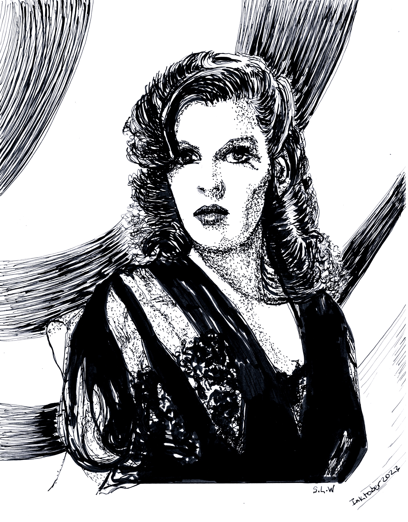 Inktober 2023 pen and ink drawing by Sara Light-Waller showing a sultry noir beauty.