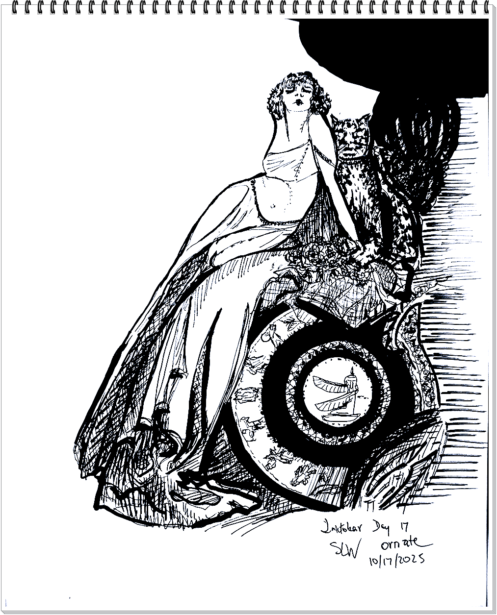 Inktober 2025 pen and ink drawing by Sara Light-Waller showing an image based on the Day 17 prompt: "Ornate."