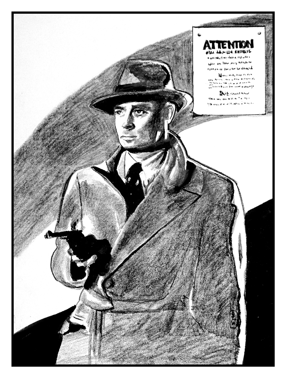 Inktober 2023 pen and ink drawing by Sara Light-Waller showing a trenchcoated detective with a drawn gun.