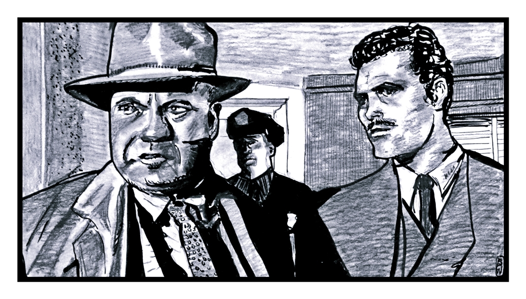 Inktober 2023 pen and ink drawing by Sara Light-Waller showing a gangland meeting.