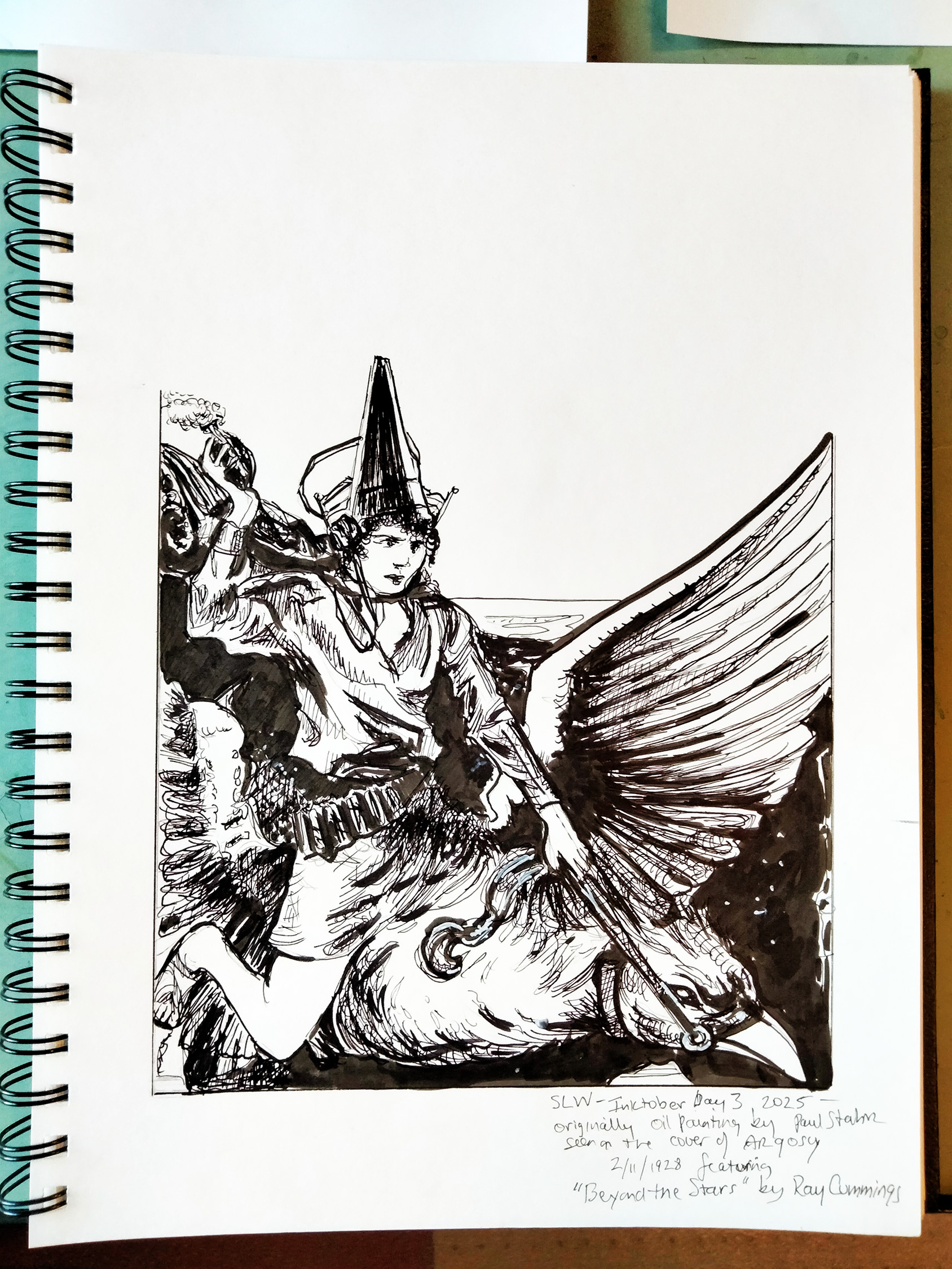 Inktober 2025 pen and ink drawing by Sara Light-Waller showing an image inspired by pulp artist Paul Stahr.