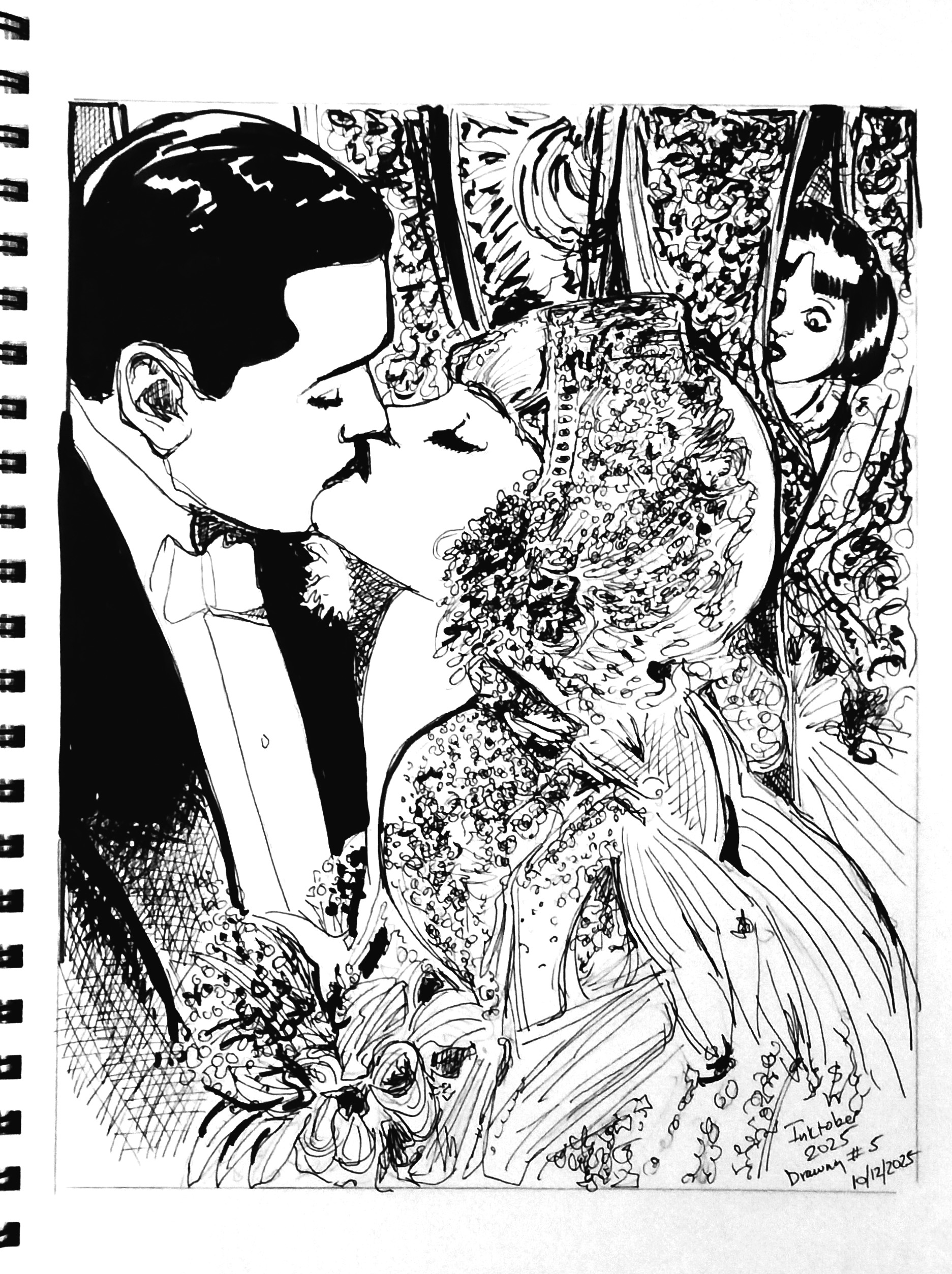 Inktober 2025 pen and ink drawing by Sara Light-Waller showing a 1930s white wedding kiss.