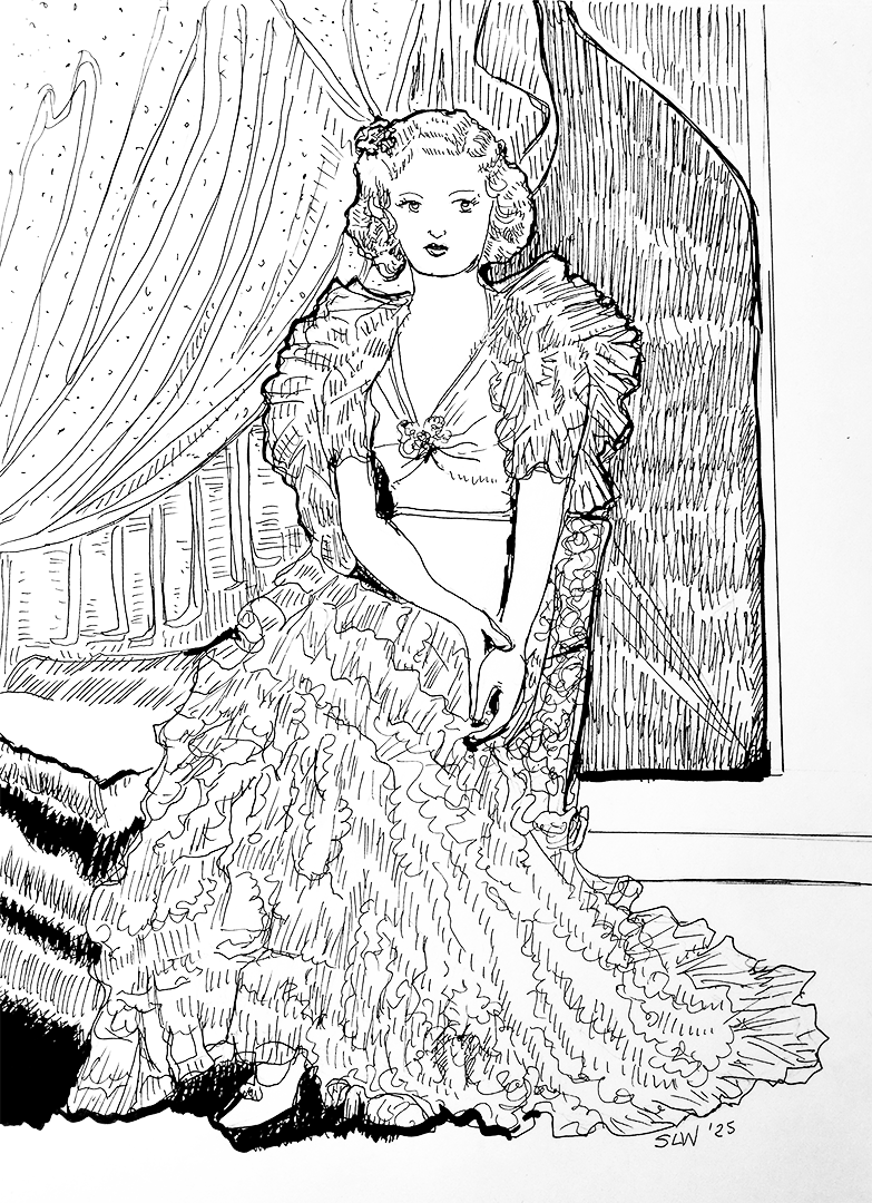 Inktober 2025 pen and ink drawing by Sara Light-Waller showing a 1930s debutante.