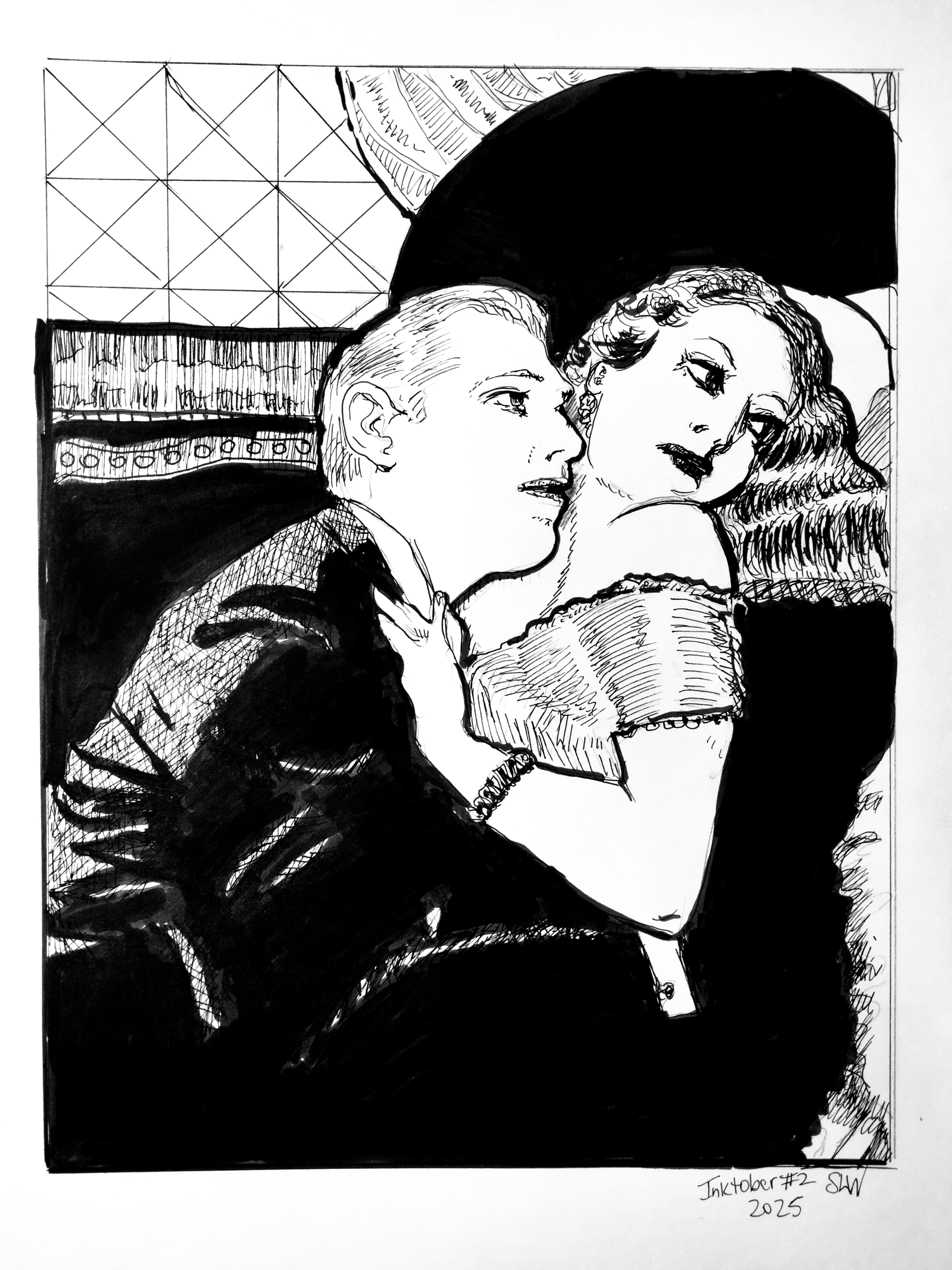 Inktober 2025 pen and ink drawing by Sara Light-Waller showing a passionate 1930s love scene. "Will she?"