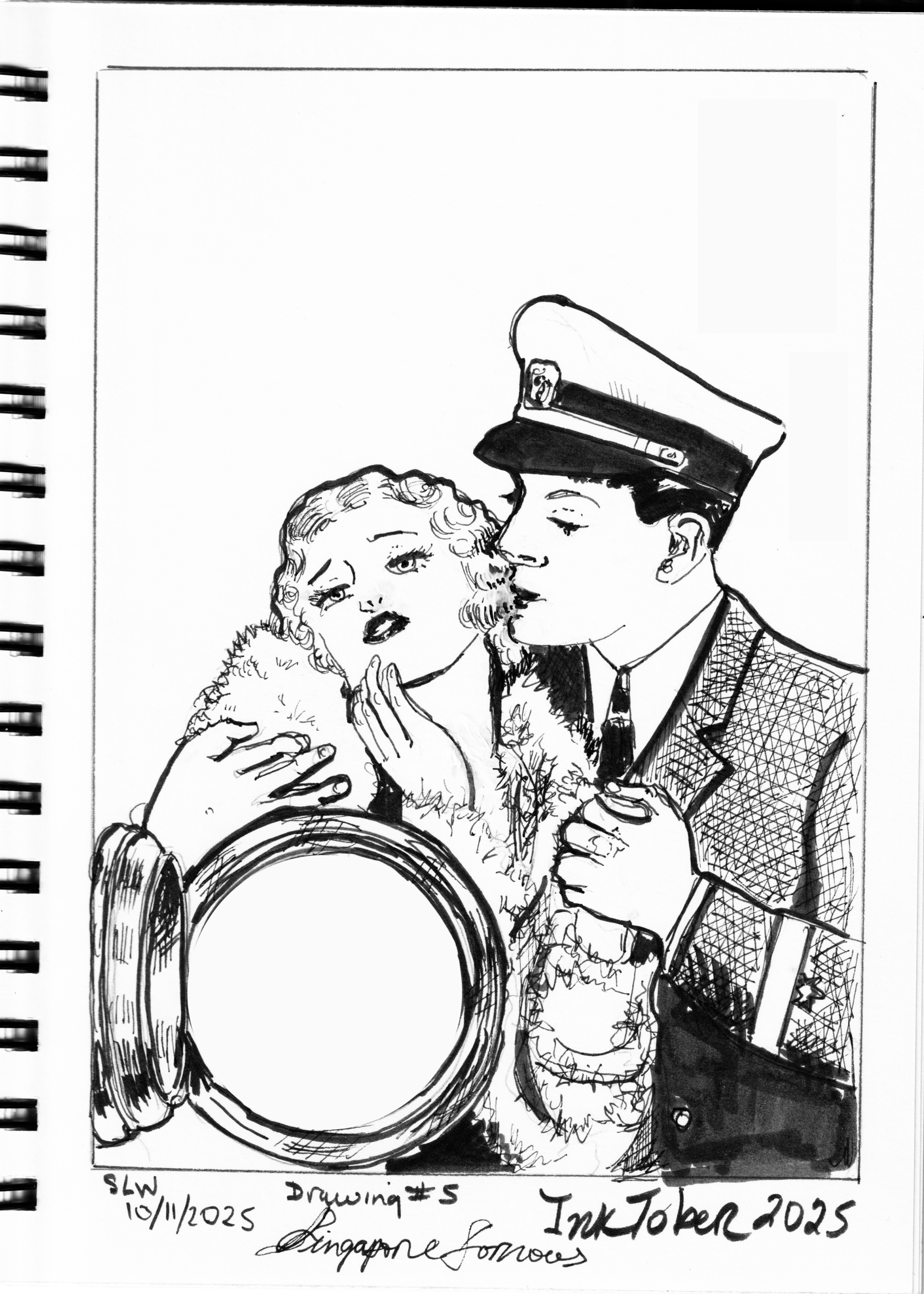 Inktober 2025 pen and ink drawing by Sara Light-Waller showing a 1930s shipboard love scene.