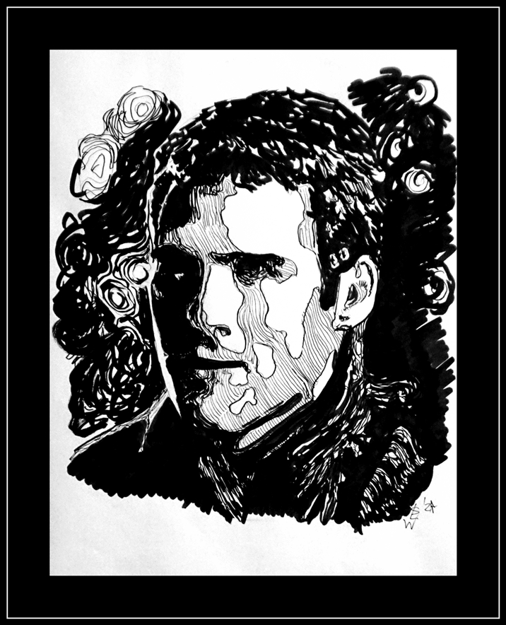 Inktober 2024 pen and ink drawing by Sara Light-Waller showing a portrait of "John Crichton."