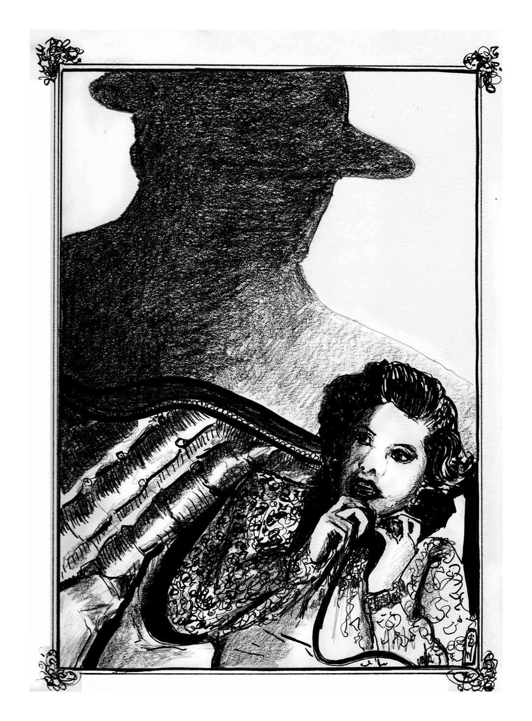 Inktober 2023 pen and ink drawing by Sara Light-Waller showing a woman on the phone with a scary shadow looming above her. The title is, "Nighttime Menace."