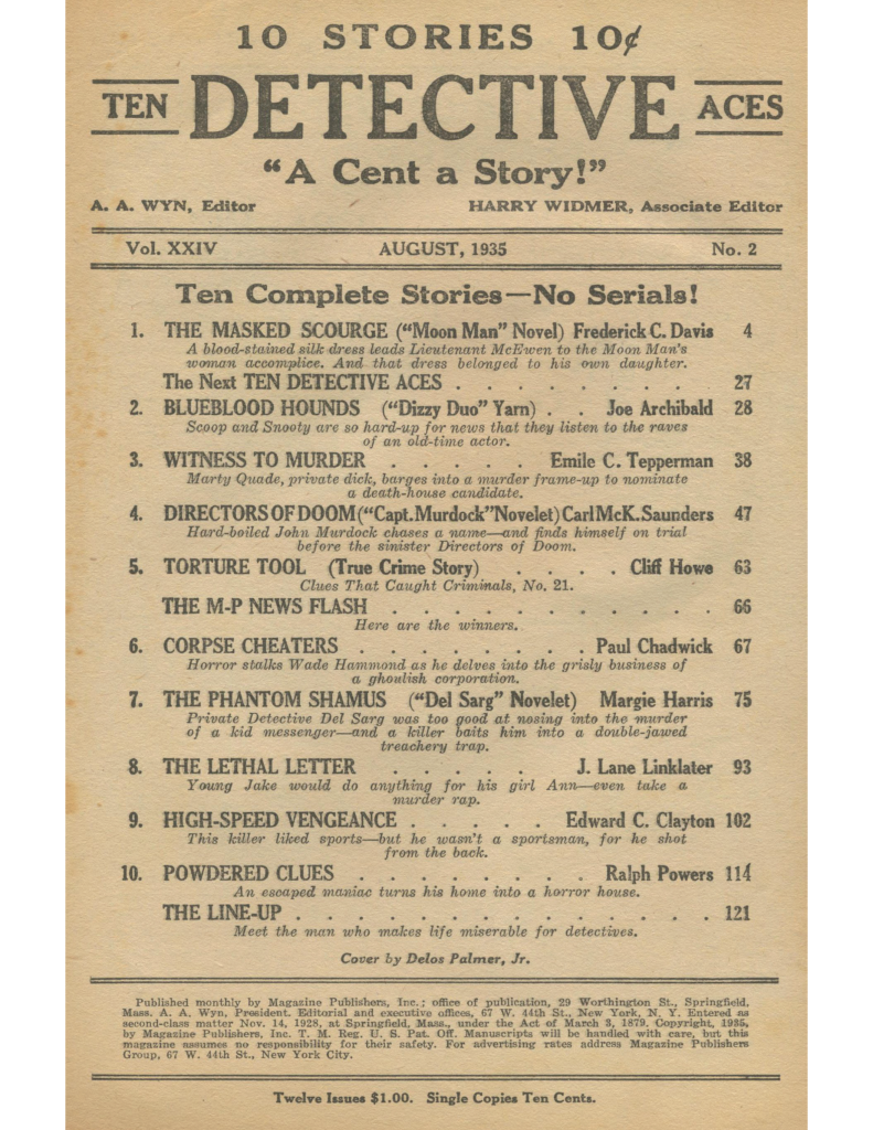 Image of the Table of Contents for the August 1935 issue of Ten Detective Aces featuring "The Masked Scourge" a Moon Man novel by Frederick C. Davis.